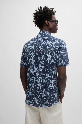 Slim-fit shirt in printed cotton jersey, Dark Blue