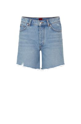 Regular-fit shorts in mid-blue distressed denim, Light Blue