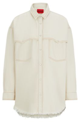 Hugo Loose-fit Overshirt In Ecru Rigid Denim In White