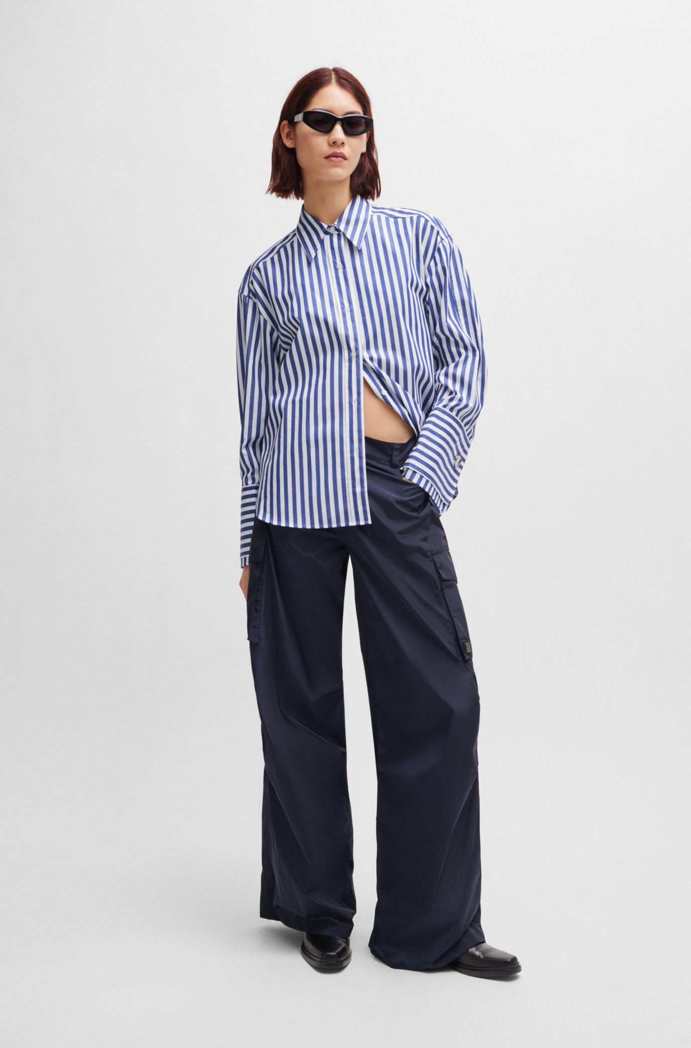 HUGO - Oversize-fit blouse in striped cotton poplin