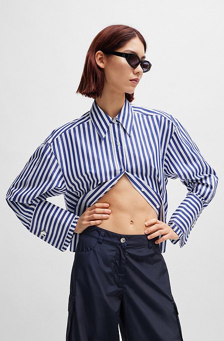Oversize-fit blouse in striped cotton poplin, Patterned