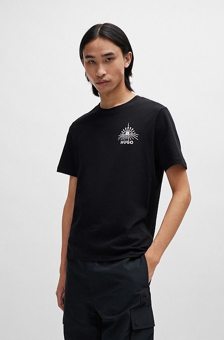 Camiseta regular fit de punto de algodón con ilustración de temporada, Negro