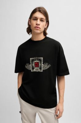 HUGO - Cotton-jersey T-shirt with seasonal artwork and embroidery
