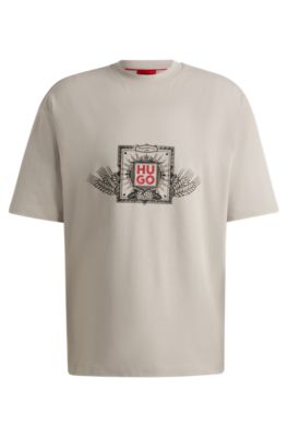 Shop Hugo Cotton-jersey T-shirt With Seasonal Artwork And Embroidery In Light Grey