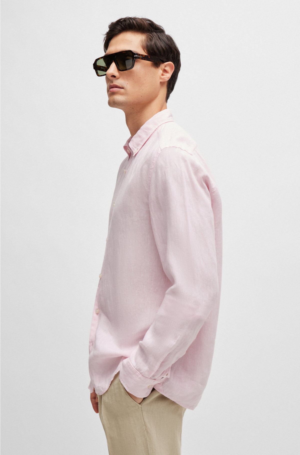 BOSS - Regular-fit linen shirt with button-down collar