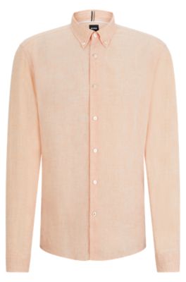 Hugo Boss Regular-fit Linen Shirt With Button-down Collar In Orange