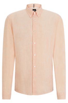 Hugo Boss Regular-fit Linen Shirt With Button-down Collar In Orange