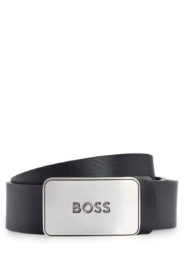 Shop Hugo Boss Leather Belt With Antique-effect Branded Plaque Buckle In Black