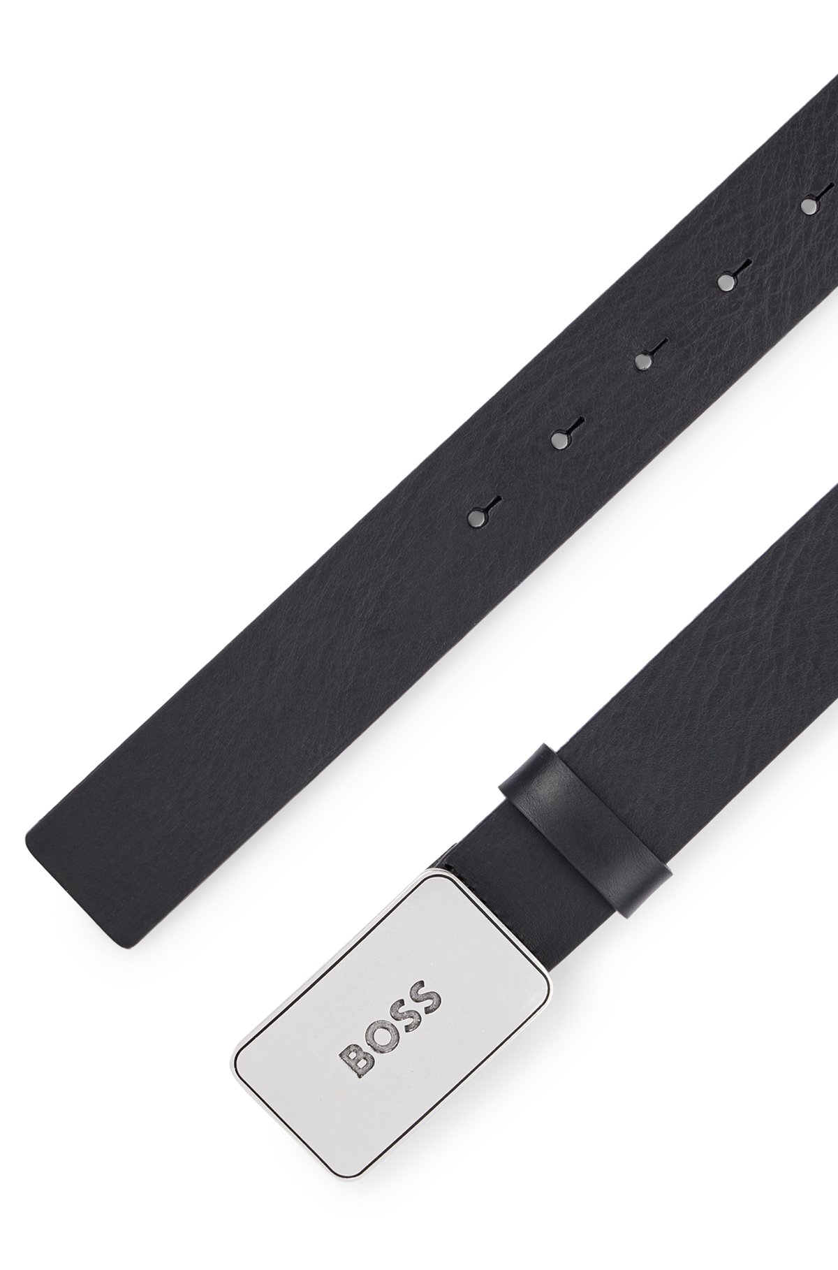 BOSS - Leather belt with antique-effect branded plaque BOSS - Leather belt with antique-effect branded plaque