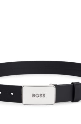 Ceinture en cuir avec boucle plate logot&eacute;e &agrave; la finition vieillie, Noir