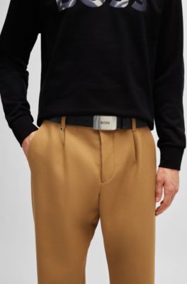 Ceinture en cuir avec boucle plate logot&eacute;e &agrave; la finition vieillie, Noir