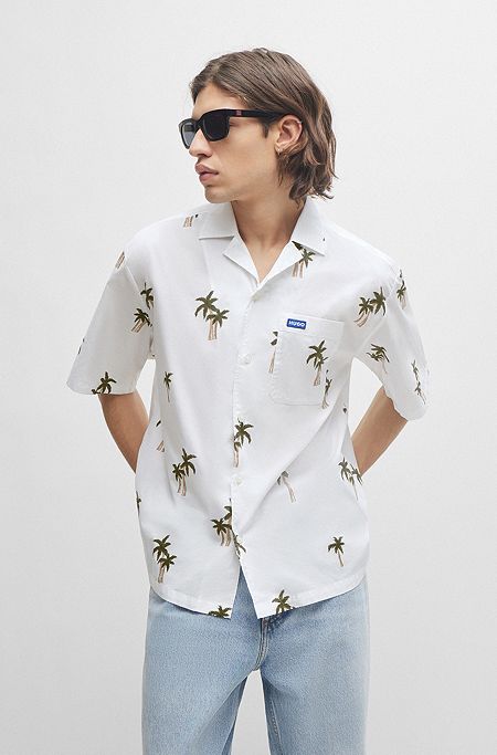 Oversize-fit shirt in printed cotton poplin, White
