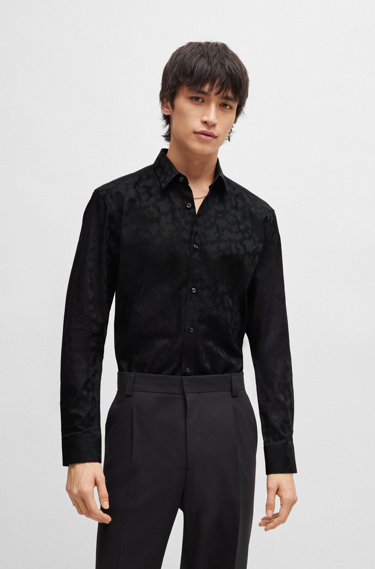 Extra-slim-fit cotton shirt with jacquard-woven pattern