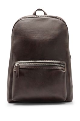 Hugo Boss Leather Backpack With Embossed Logo In Dark Brown
