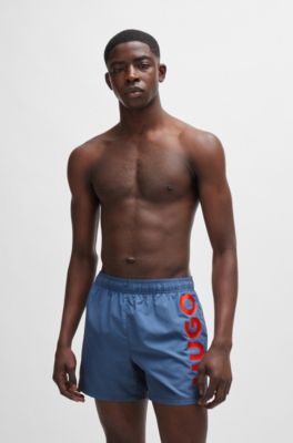 Fully lined swim shorts with vertical logo, Blue