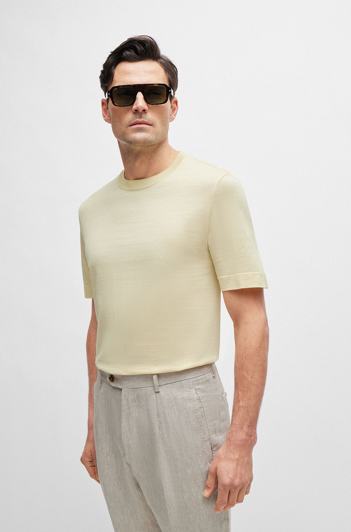 Camiseta de rayas en algodón y seda, Amarillo claro
