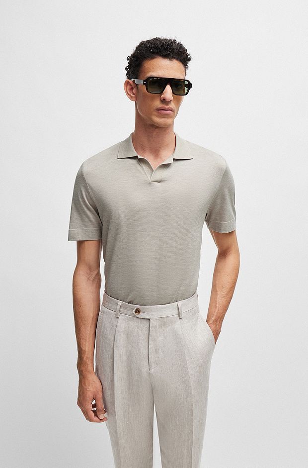 Cotton-silk polo shirt with striped details, Light Beige