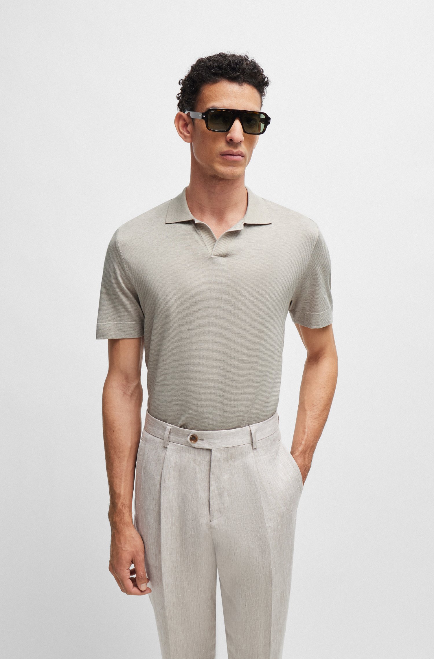 Cotton-silk polo shirt with striped details