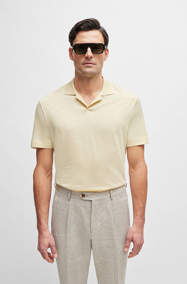 Cotton-silk polo shirt with striped details, Light Yellow