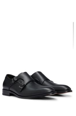 BOSS - Double-monk shoes in smooth leather with metal buckles