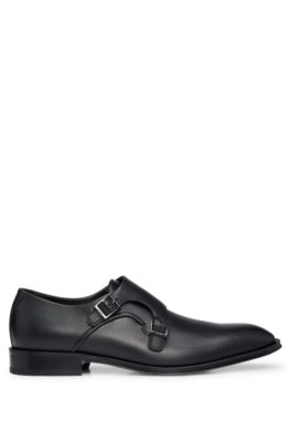 Double-monk shoes in smooth leather with metal buckles, Black
