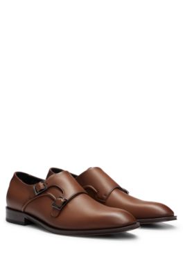 Hugo Boss Double-monk Shoes In Smooth Leather With Metal Buckles In Brown