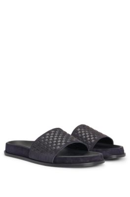 BOSS Mixed leather slides with woven upper strap Dark Blue