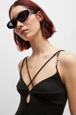 Stretch-jersey dress with logo-trim strap, Black