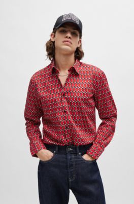 HUGO - Slim-fit shirt in abstract-printed cotton poplin - light pink