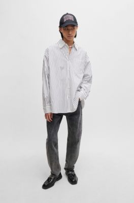 Camisa oversize fit en popel&iacute;n de algod&oacute;n a rayas, Blanco