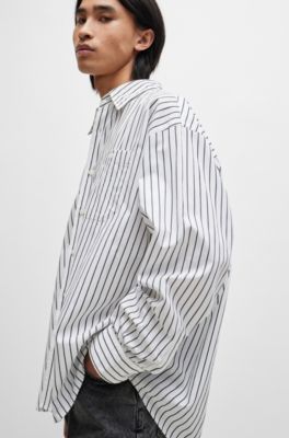 Camisa oversize fit en popel&iacute;n de algod&oacute;n a rayas, Blanco