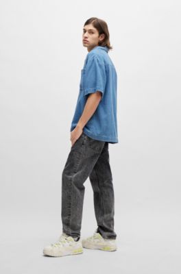 HUGO - Oversize-fit short-sleeved shirt in blue cotton denim