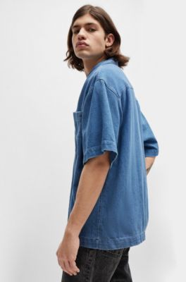 HUGO - Oversize-fit short-sleeved shirt in blue cotton denim