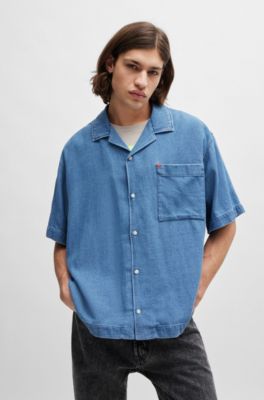 HUGO - Oversize-fit short-sleeved shirt in blue cotton denim