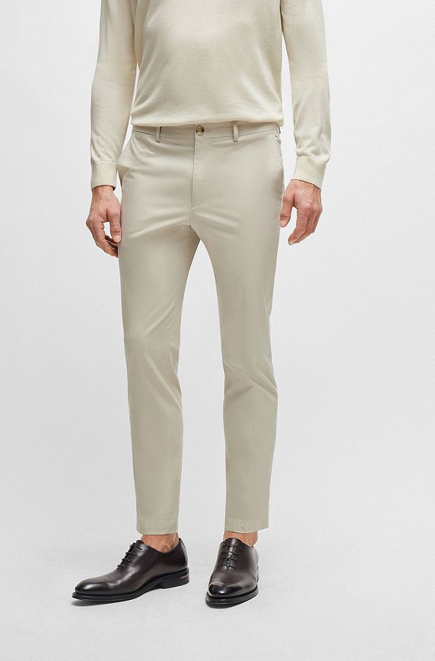 Slim-fit trousers in cotton, silk and stretch, Light Beige