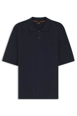 Cotton-blend polo sweater with embroidered logo, Dark Blue