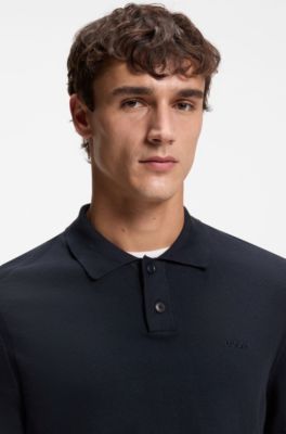 Cotton-blend polo sweater with embroidered logo, Dark Blue