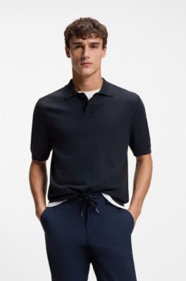 Cotton-blend polo sweater with embroidered logo, Dark Blue