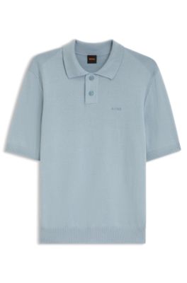 Cotton-blend polo sweater with embroidered logo, Light Blue