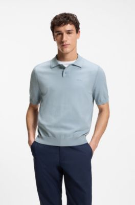 Cotton-blend polo sweater with embroidered logo, Light Blue