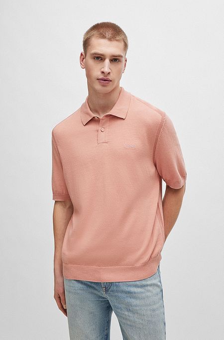 Short-sleeved polo sweater with embroidered logo, light pink