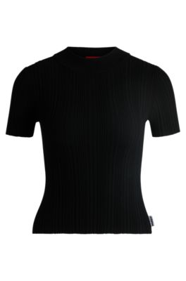 Mock-neck sweater with irregular ribbed knit, Black