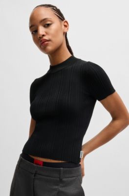Mock-neck sweater with irregular ribbed knit, Black