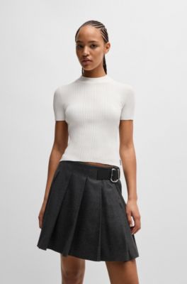 Mock-neck sweater with irregular ribbed knit, White