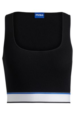 Hugo Boss Slim-fit Ribbed Top With Repeat Branding In Black