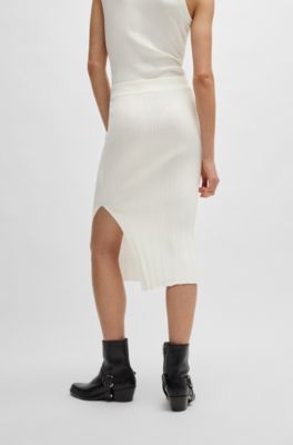 Midi tube skirt in irregular-rib crepe, White