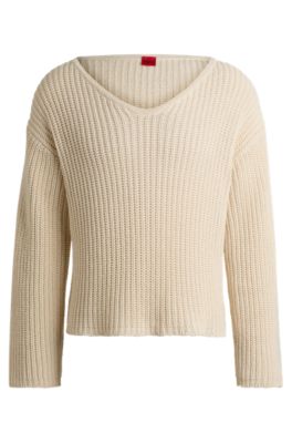 Hugo Oversize-fit Long-sleeved Sweater With V Neckline In White