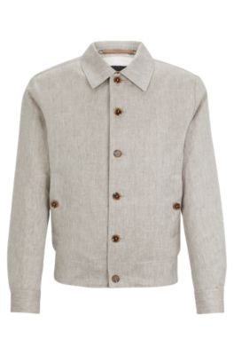 Shop Hugo Boss Slim-fit Jacket In Herringbone Linen And Silk In Light Beige