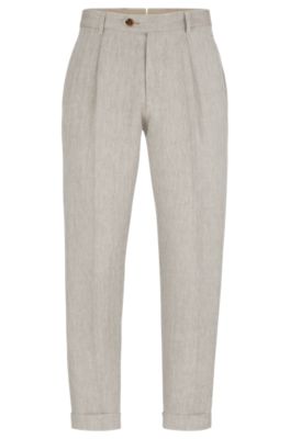 Hugo Boss Relaxed-fit Trousers In Herringbone Linen And Silk In Light Beige