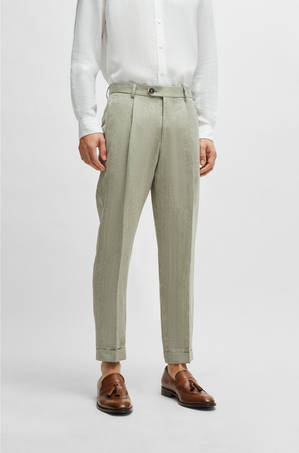 BOSS - Relaxed-fit trousers in herringbone linen and silk